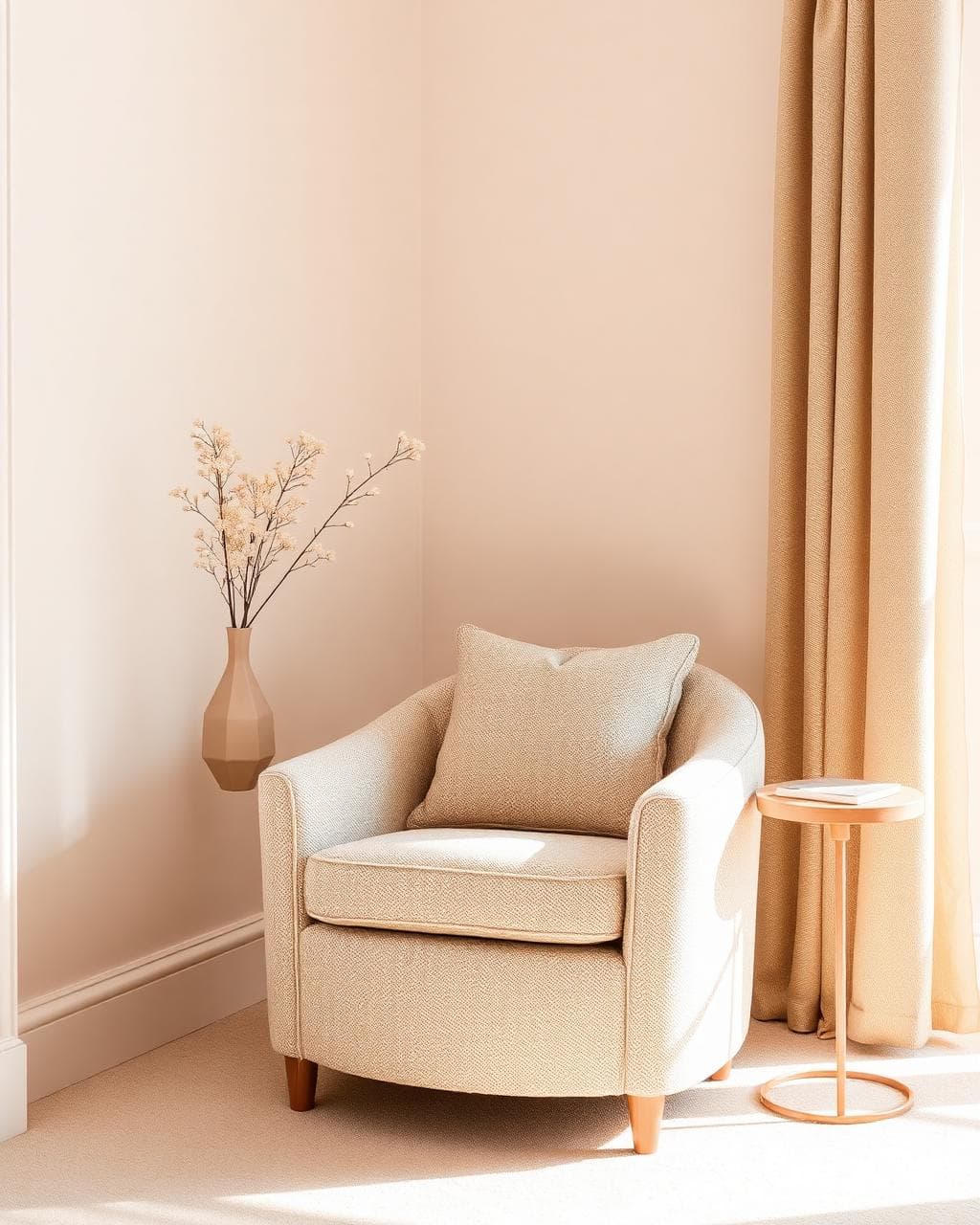 A boucle armchair in a corner of soft pink plaster and linen curtains