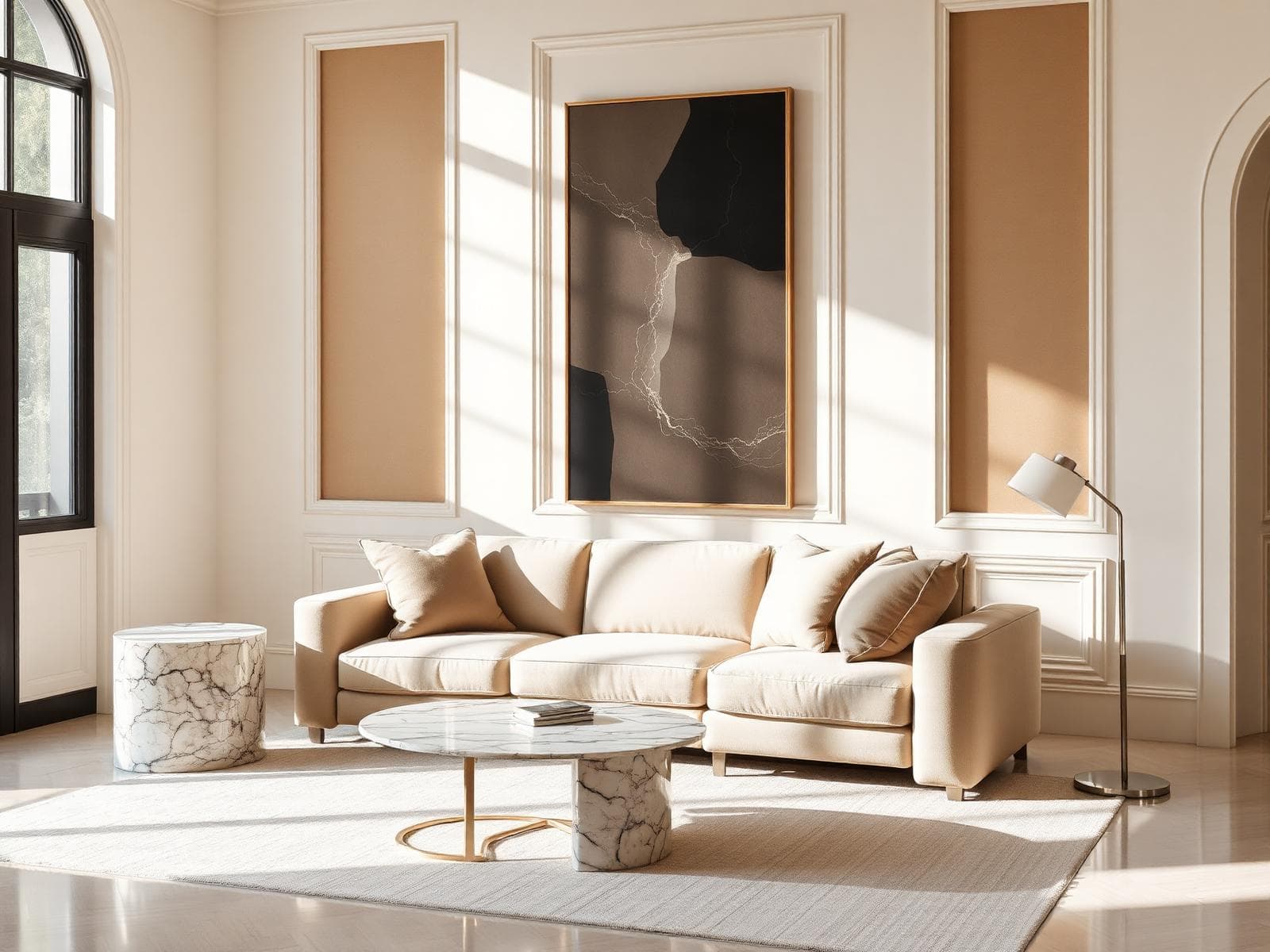 Sunlit living room with a cream sofa, marble tables and arched windows