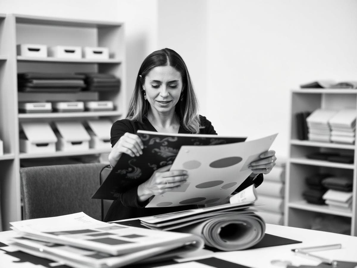 Our principal designer reviewing fabric and finish samples in the studio